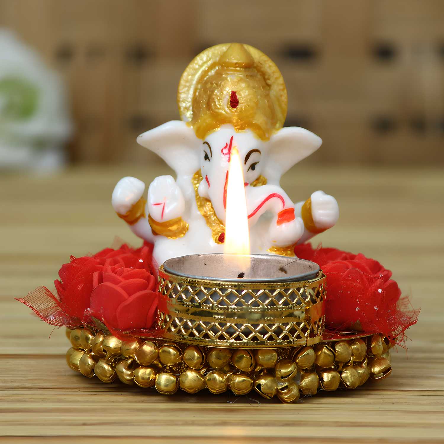 eCraftIndia Lord Ganesha Idol on Decorative Plate with Tea Light Holder - Shopsmart9