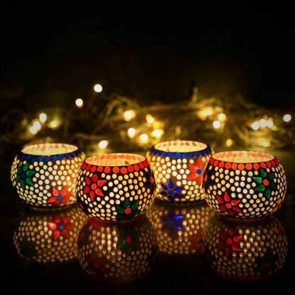 eCraftIndia Set of 4 Mosaic Glass Decorative Tea Light Holder - Shopsmart9