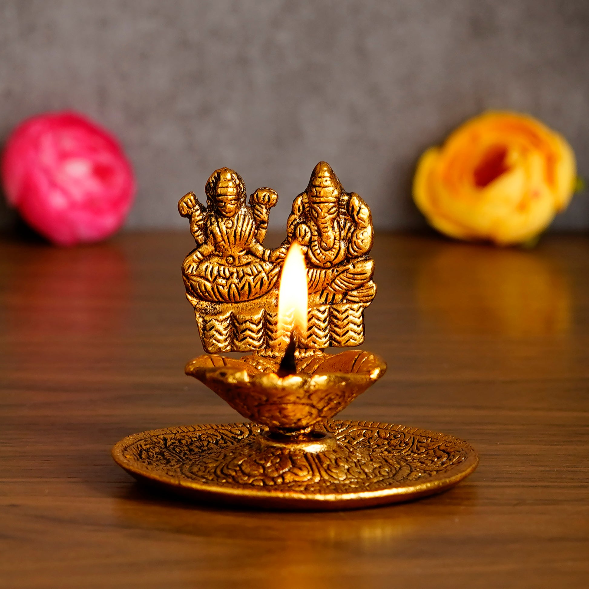 eCraftIndia Goddess Laxmi & Lord Ganesha Golden Metal Diya - Shopsmart9