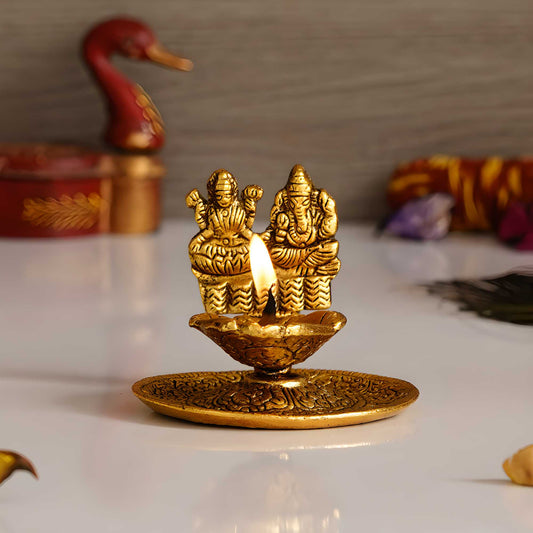 eCraftIndia Goddess Laxmi & Lord Ganesha Golden Metal Diya - Shopsmart9